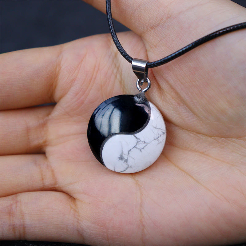 Natural Black Obsidian and White Turquoise Yin Yang Transformation Rope Pendant
