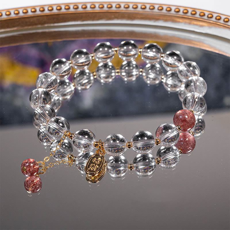 White Crystal Strawberry Quartz Healing Attract Fortune Charm Bracelet