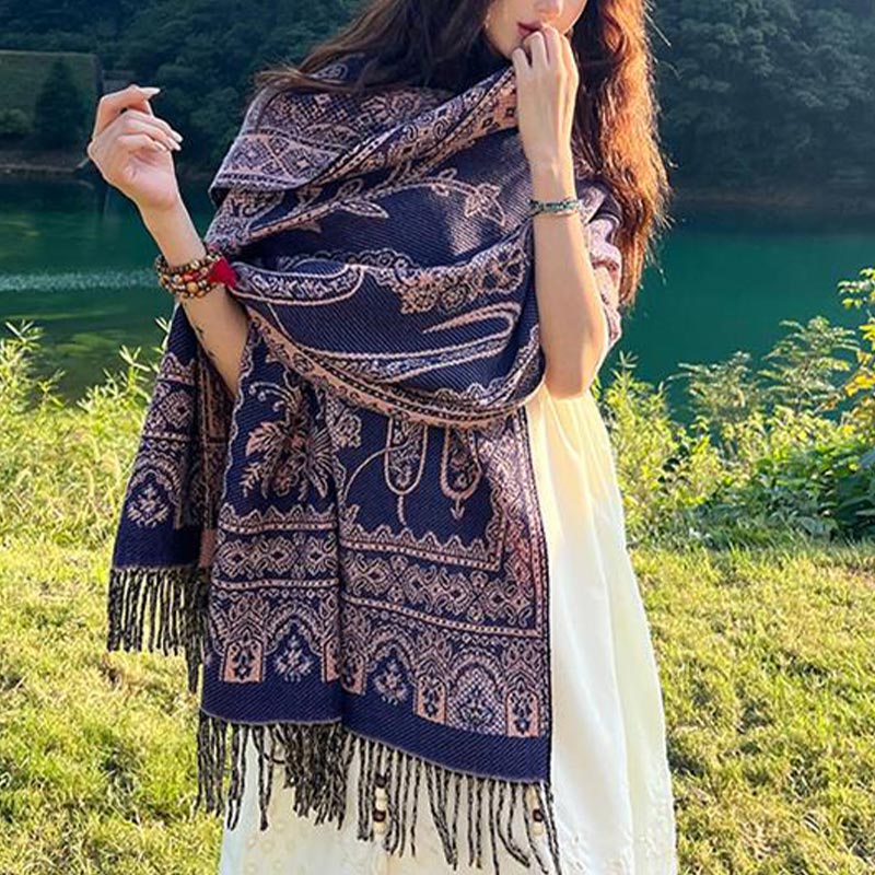 Vintage Tibetan Leaves Pattern Design Shawl Cozy Travel Scarf Wrap