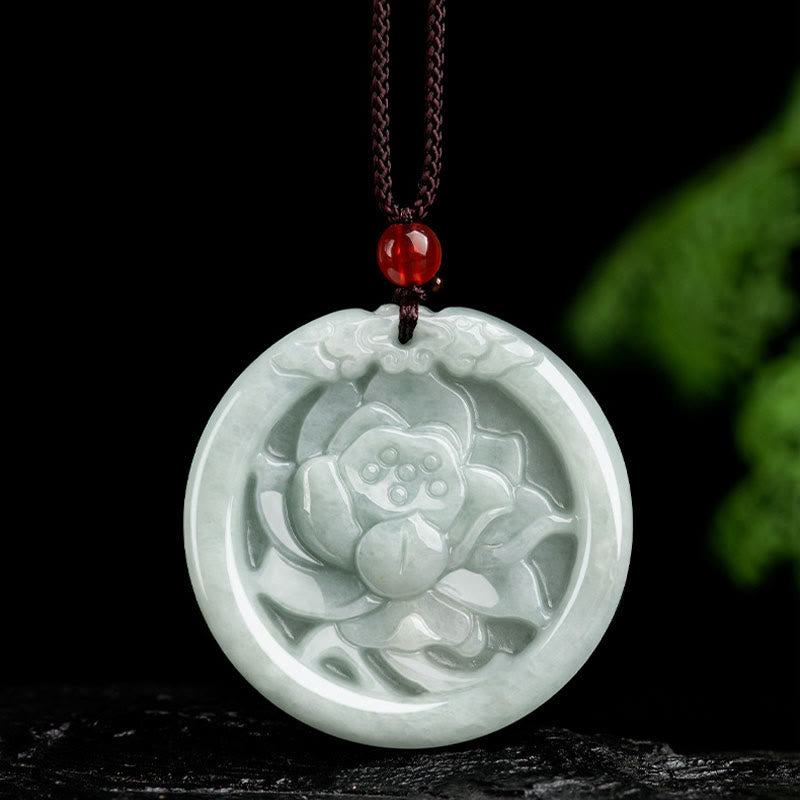 Natural Jade Lotus Flower Carved Prosperity Necklace Pendant