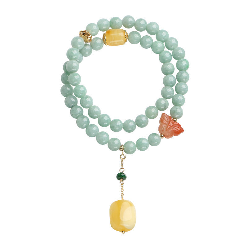 Sterling Silver & Gold Butterfly Bracelet with Natural Jade, Amber and Red Agate