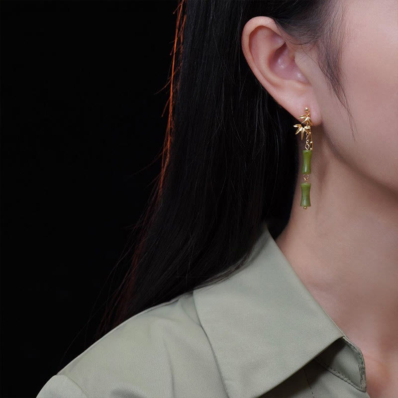 925 Sterling Silver Posts Copper Plated Gold Natural Peridot Bamboo Leaf Drop Earrings