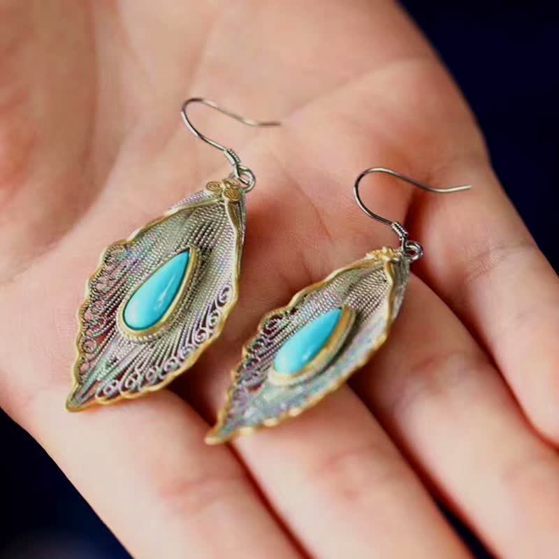 Bodhi Leaf Pattern 925 Sterling Silver Turquoise Dangle Drop Earrings