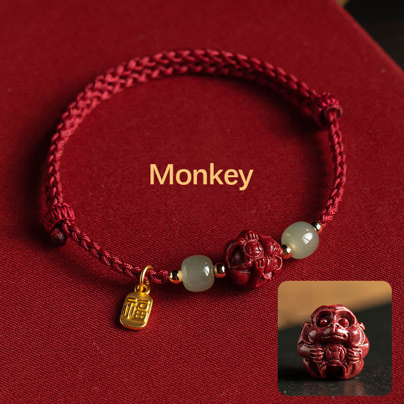 Handmade Cinnabar & Hetian Jade Sterling Silver Chinese Zodiac Fu Red String Bracelet
