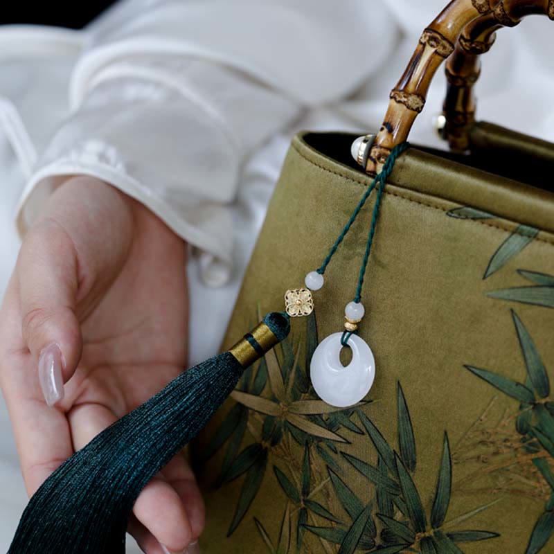 Yellow Green Bamboo Leaves Bamboo Handles Handbag