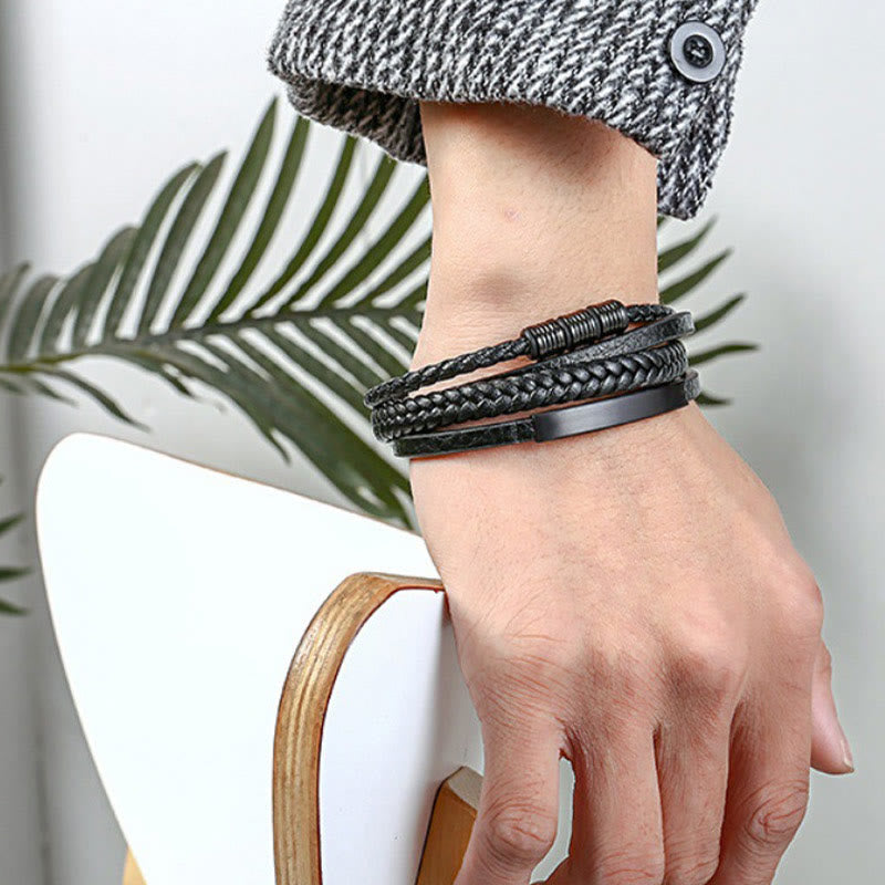 Leather Multi-Layer Titanium Steel Balance Braided Magnetic Buckle Bracelet