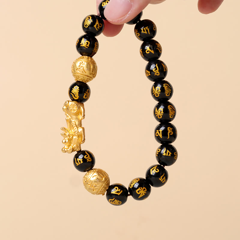 Om Mani Padme Hum Inscribed Black Obsidian & Agate Pixiu Beaded Bracelet