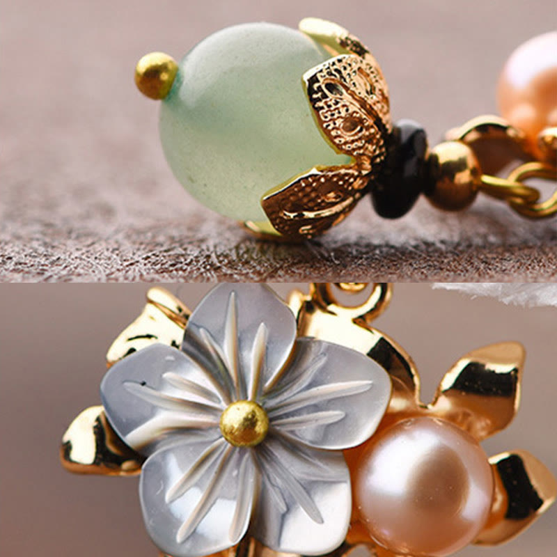 14K Gold Plated Tridacna Flower Pearl and Gemstone Drop Earrings