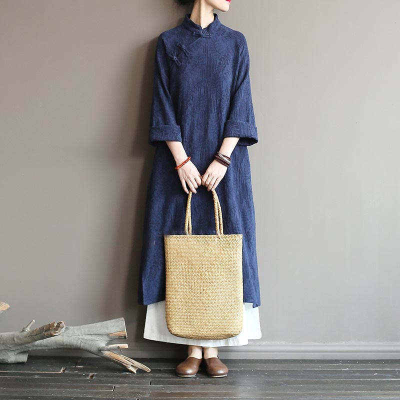 Flower Jacquard Midi Dress Long Sleeve Cotton Linen Dress Wide Leg Pants With Pockets