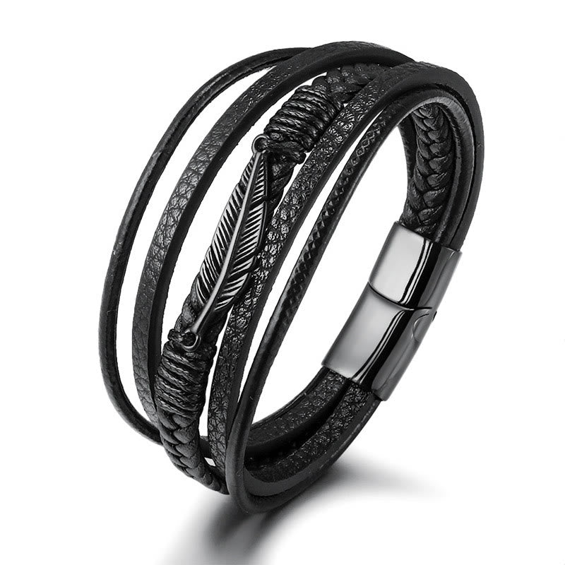 Feather Pattern Multilayer Leather Titanium Steel Calm Braided Magnetic Buckle Bracelet