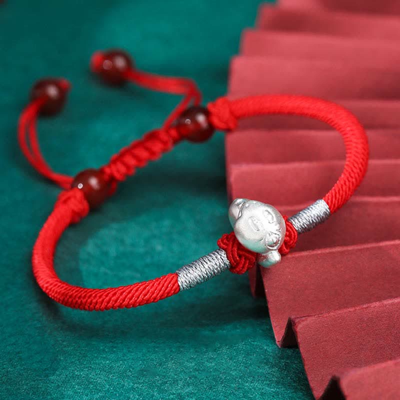 Handcrafted 999 Fine Silver Chinese Zodiac Red String Adjustable Bracelet