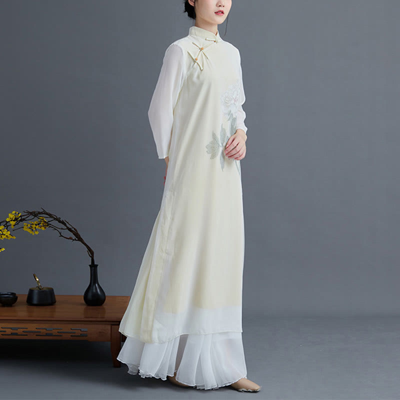 2Pcs Peony Flower Cheongsam Midi Dress Skirt Chiffon Zen Clothing Women's Set