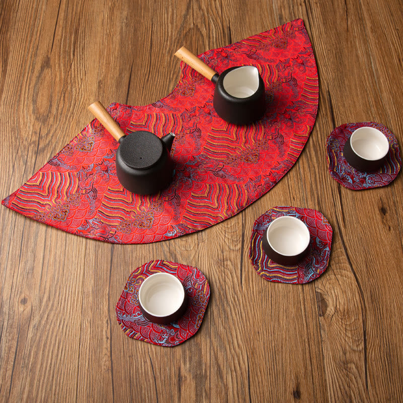Vintage Sea Wave Bamboo Plum Blossom Embroidered Cup Mat Pad Tea Cup Coaster Kung Fu Tea Mat
