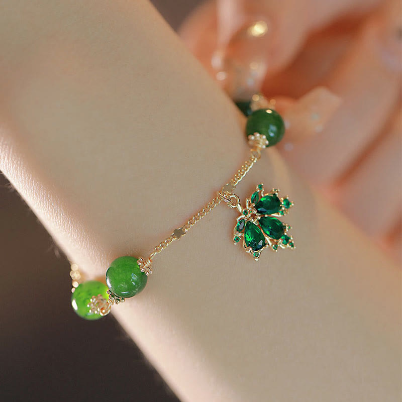 14k Gold Plated Green Chalcedony Maple Leaf Courage Strength Bracelet