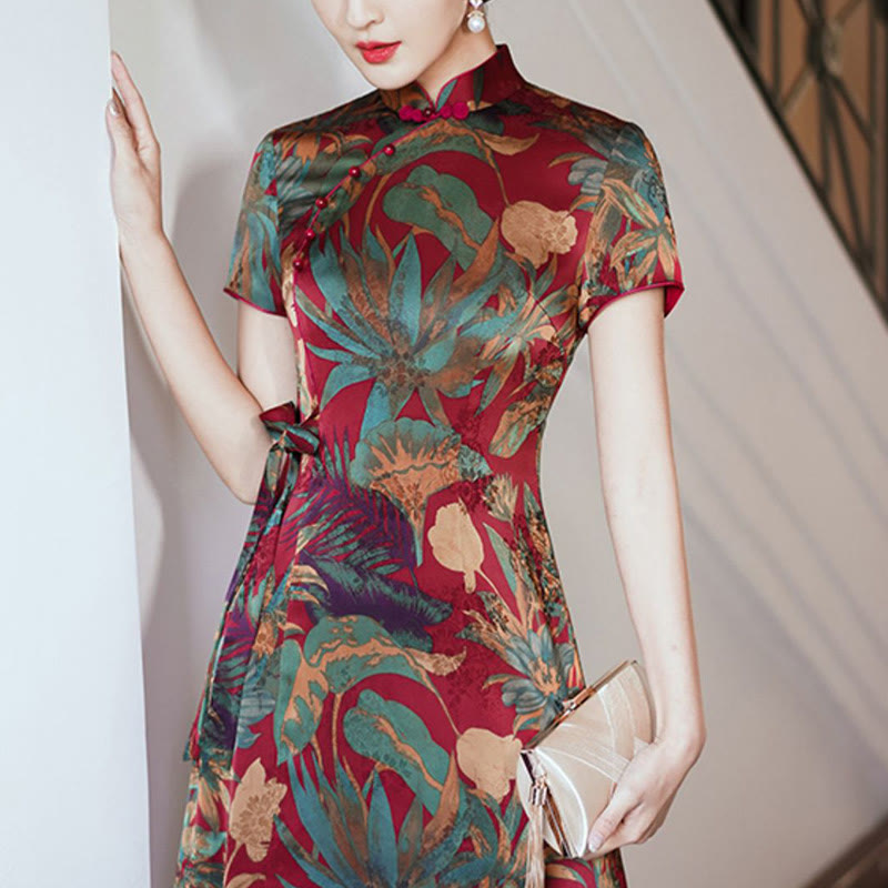 Silk Qipao Dress Retro Flower Leaf Pattern Women's Cheongsam Dress