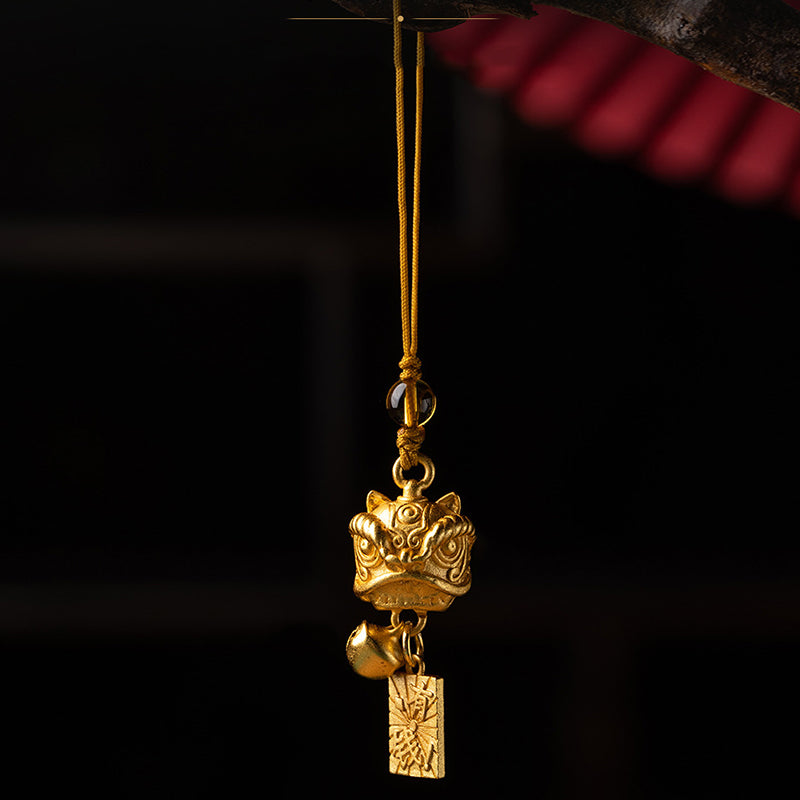 Dancing Guardian Lion Brass Copper Phone Charm with Ping An Kou & Ruyi Symbols