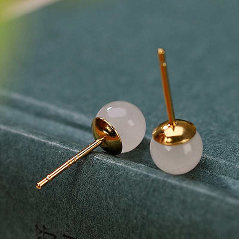 Handmade 925 Sterling Silver Round White Jade and Gold Minimalist Stud Earrings