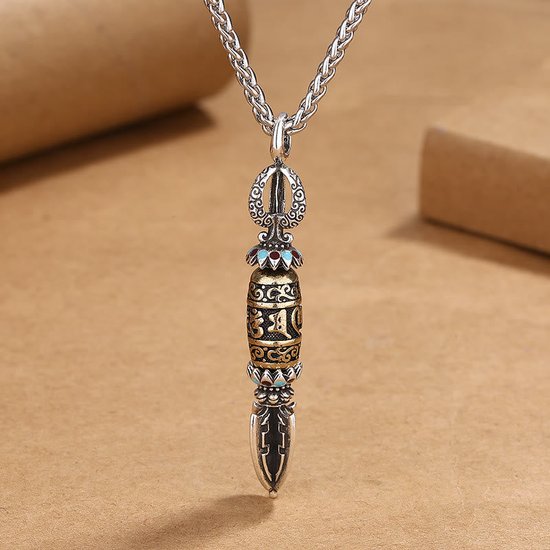 Tibetan Om Mani Padme Hum Protection Wealth Rotatable Necklace Pendant