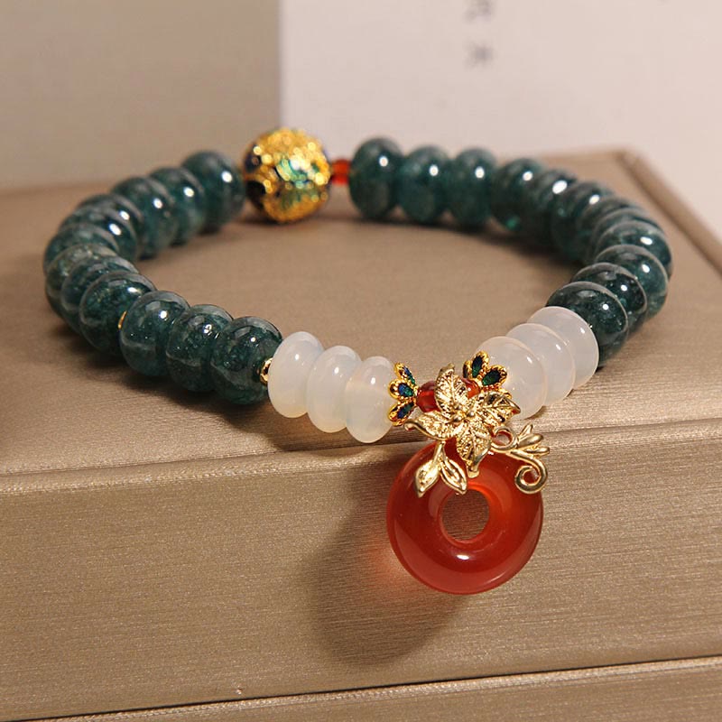 Jade, White & Red Agate Ping An Kou Peace Buckle Abacus Beaded Bracelet