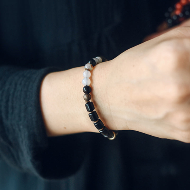 Handmade Ebony Wood & Copper Peace Couple Bracelet with Natural Gemstones
