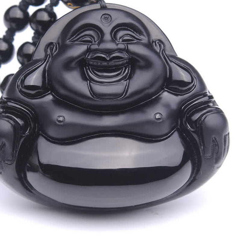 Laughing Buddha Black Obsidian Transformation Pendant Necklace