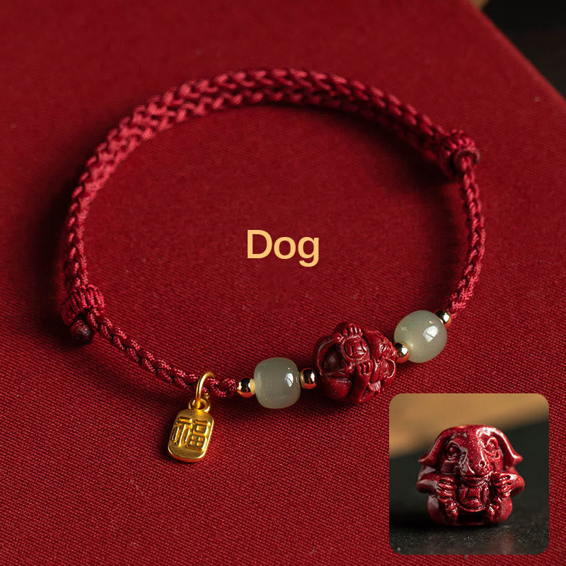 Handmade Cinnabar & Hetian Jade Sterling Silver Chinese Zodiac Fu Red String Bracelet