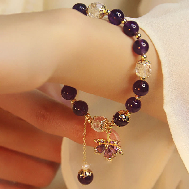 14k Gold Plated Natural Amethyst Maple Leaf Charm Bracelet