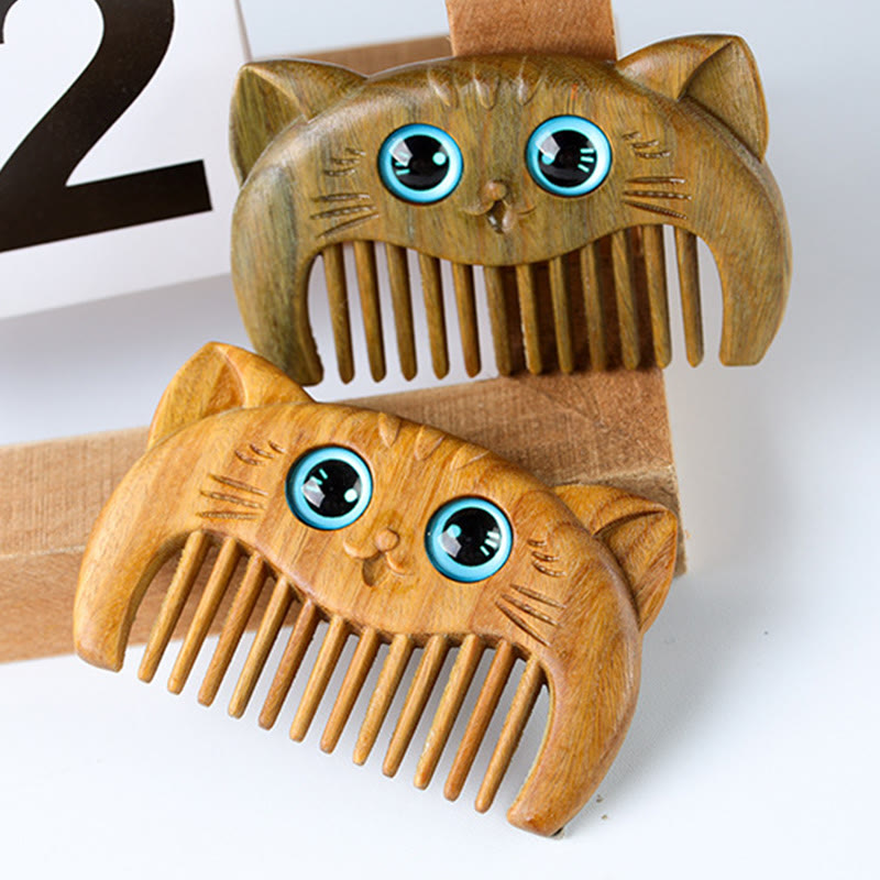 Minimalist Cat Pattern Green Sandalwood Portable Pocket Comb