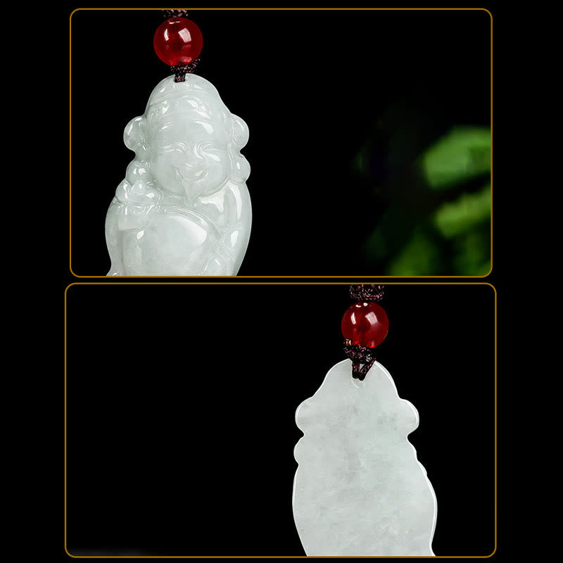 Natural Jade Chinese God of Wealth Caishen Ingot Luck Necklace Pendant