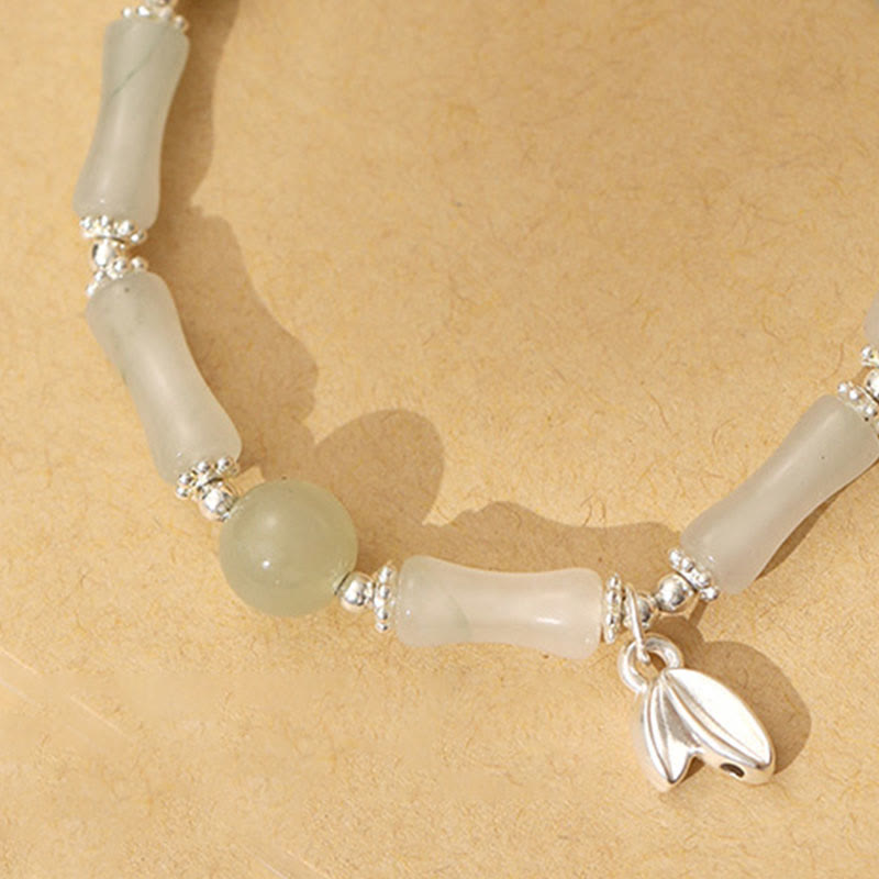 925 Sterling Silver Natural Tianshan Jade Bamboo Charm Luck Bracelet