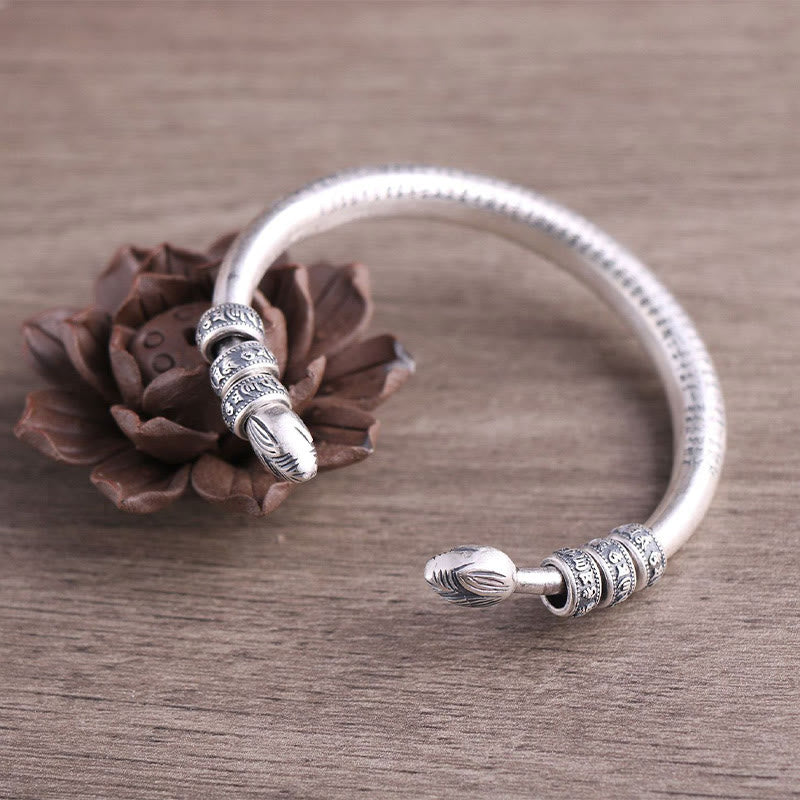 999 Sterling Silver Heart Sutra Om Mani Padme Hum Engraved Peace Purity Bracelet Bangle