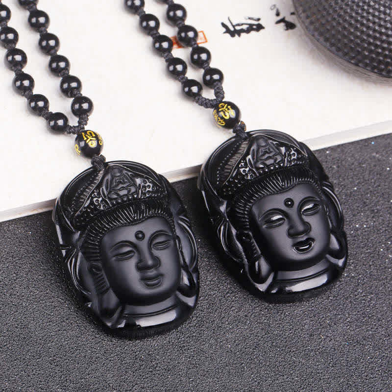 Natural Black Obsidian Kwan Yin Avalokitesvara Strength String Necklace Pendant