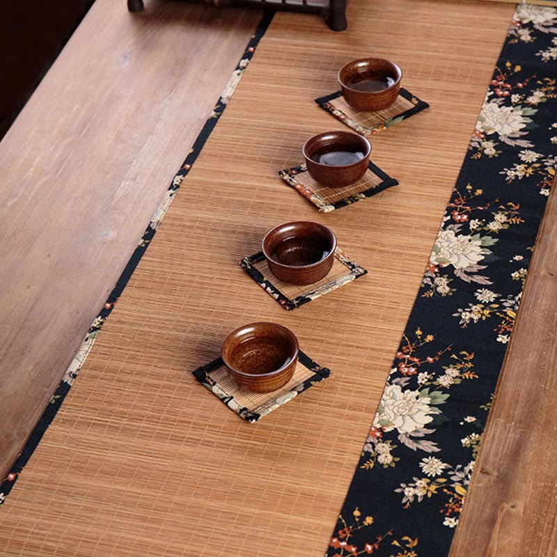 Vintage Peony Flower Blossom Bamboo Cup Mat Pad Tea Cup Coaster Kung Fu Tea Mat