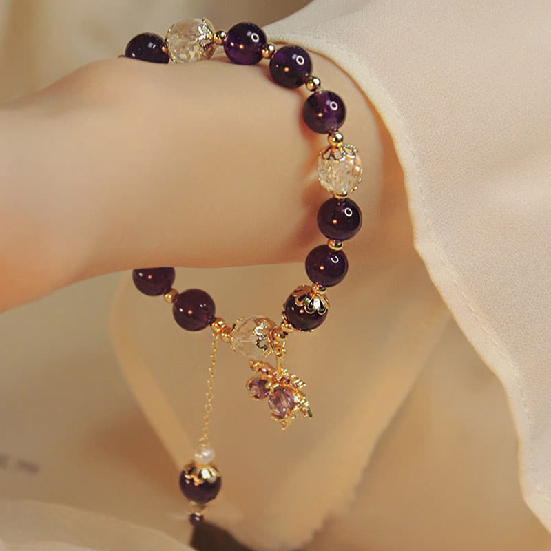 14k Gold Plated Natural Amethyst Maple Leaf Charm Bracelet