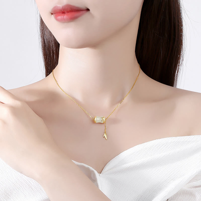 925 Sterling Silver 22K Gold Hetian White Jade Bamboo Leaf Luck Necklace Pendant Bracelet