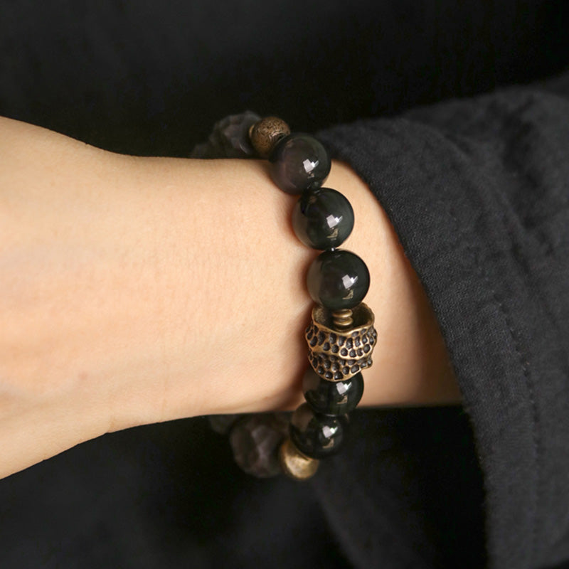 Handcrafted Black Obsidian Ebony Wood & Copper Strength Couple Bracelet