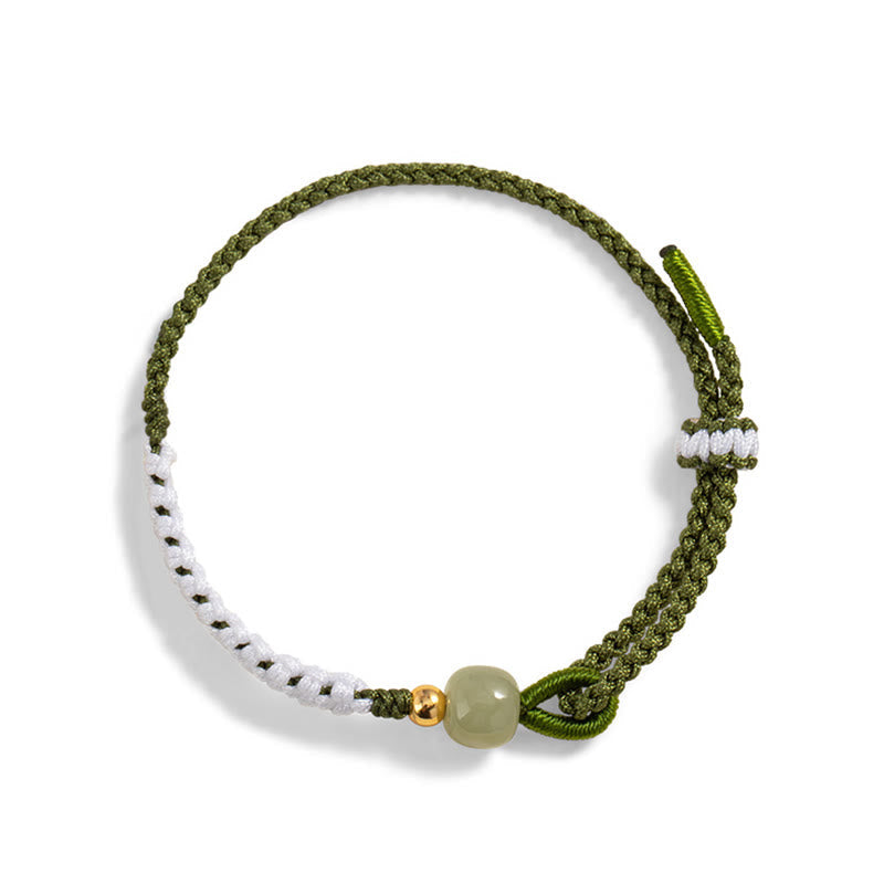925 Sterling Silver Hetian Jade Bead Luck Braided Rope Bracelet