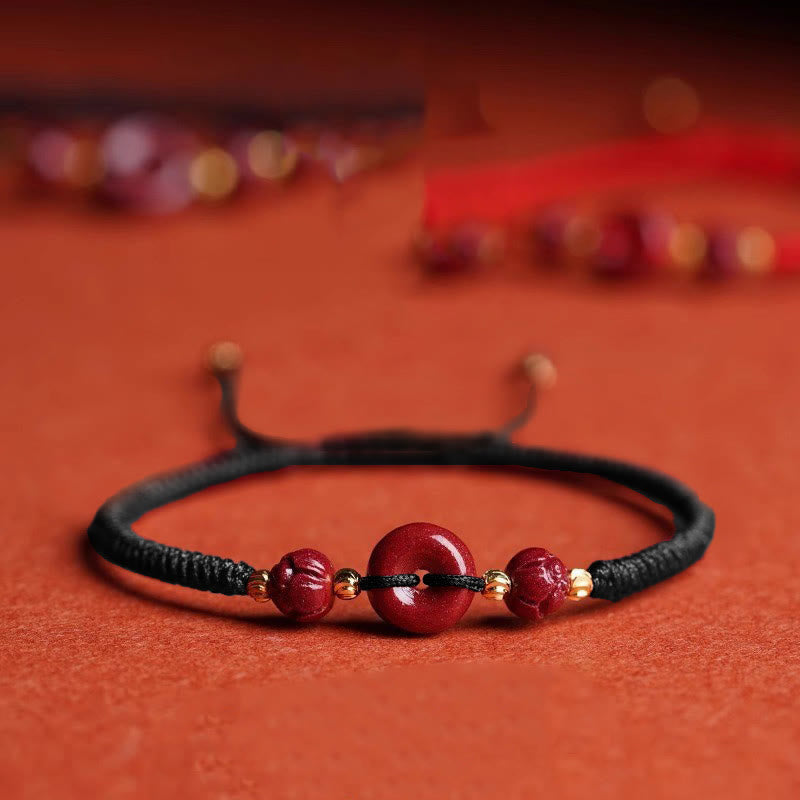 Handmade Cinnabar Peace Buckle Lotus Calm Blessing Braided Rope Bracelet