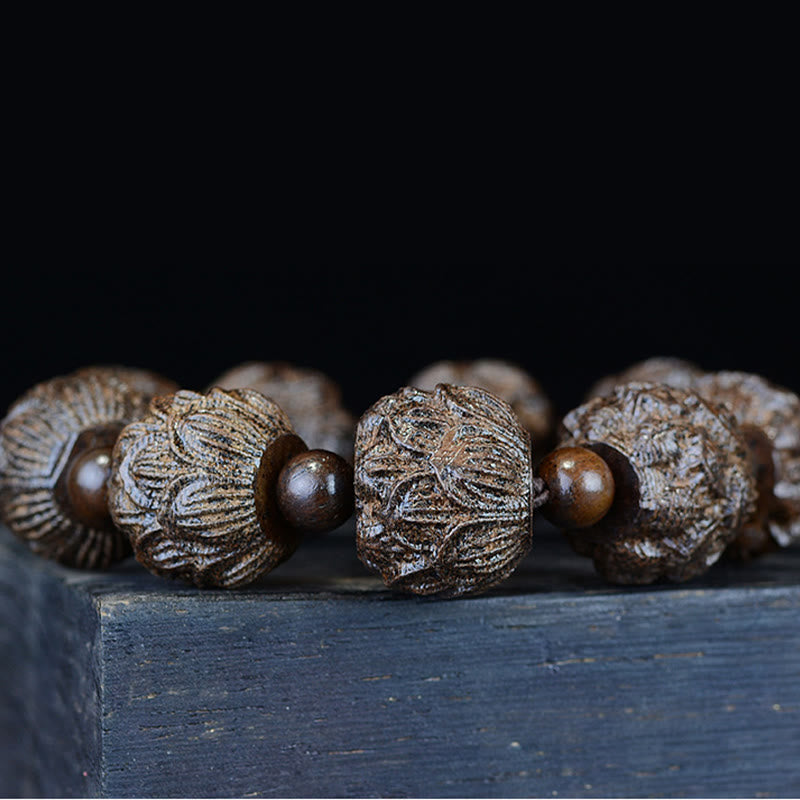 Ebony Wood Eighteen Arhats Lotus Dragon Engraved Balance Bracelet