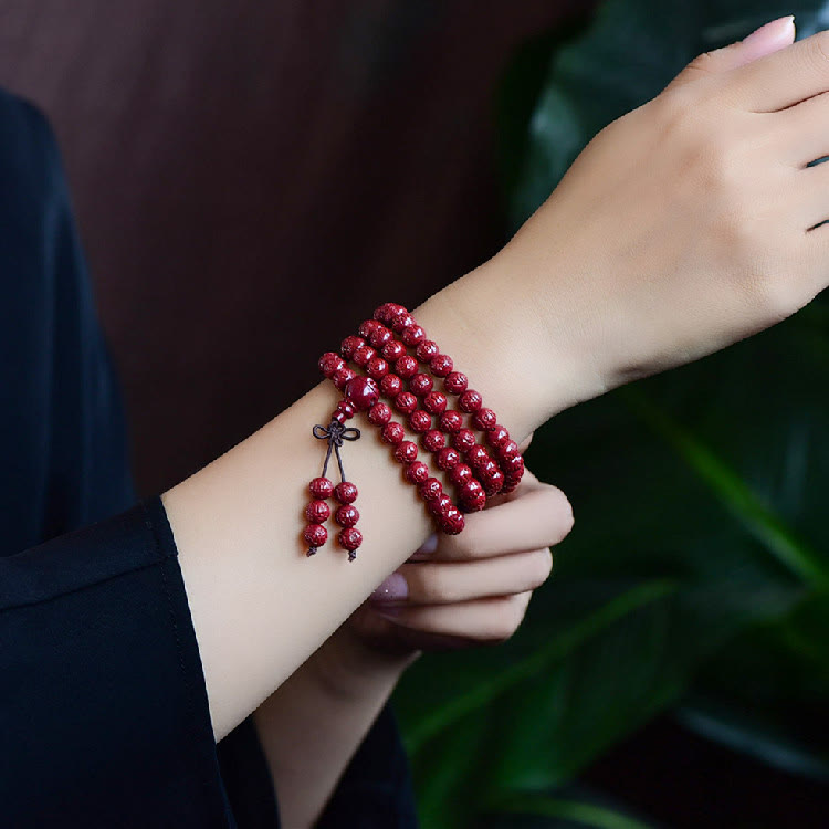 108 Mala Beads Cinnabar Om Mani Padme Hum Pattern Engraved Blessing Bracelet