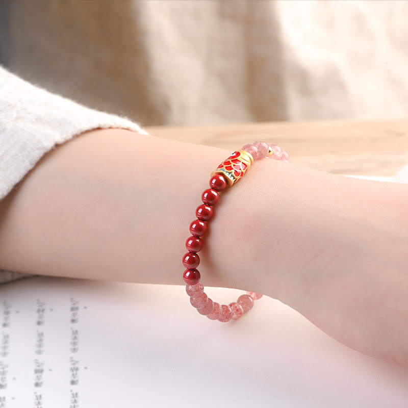 Natural Strawberry Quartz Cinnabar Lucky Koi Fish Healing Bracelet