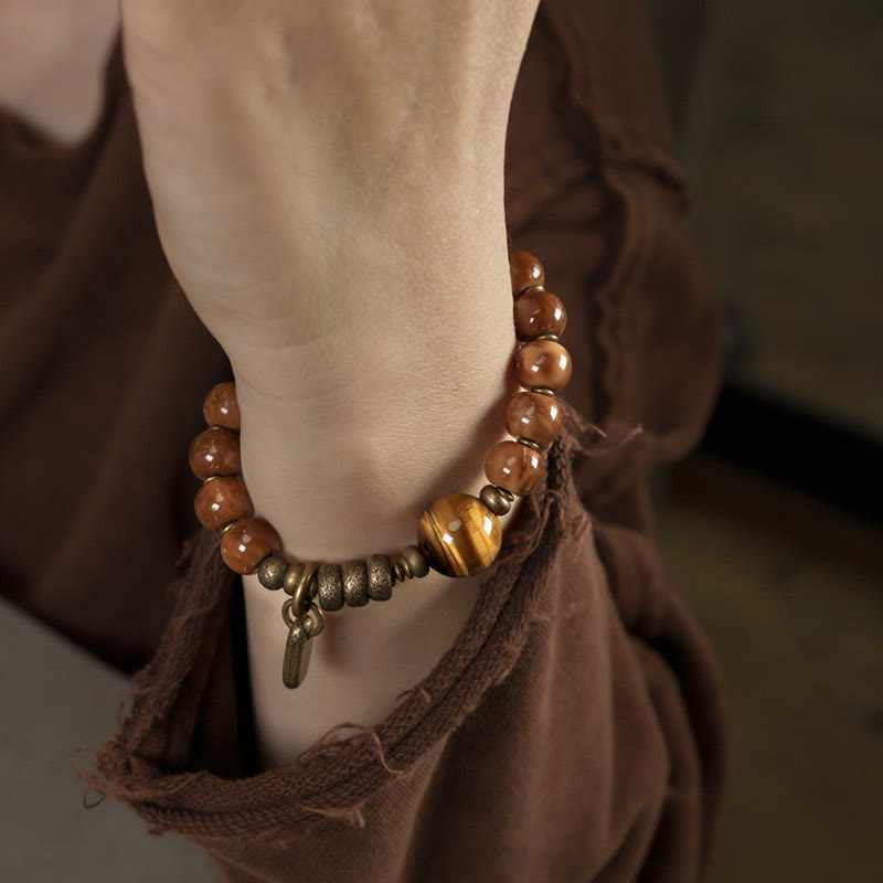 Kuka Seed Tiger Eye Gold Sheen Obsidian Brass Copper Wealth Luck Bracelet