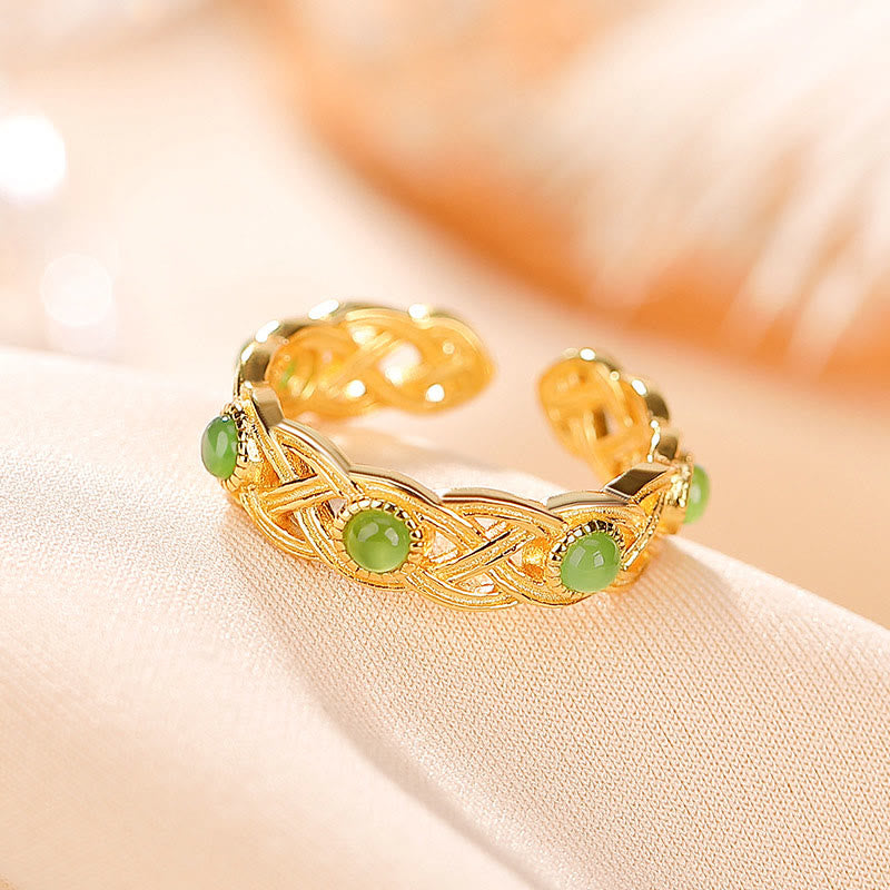 925 Sterling Silver Plated Gold Cyan Jade Braided Design Success Luck Adjustable Ring