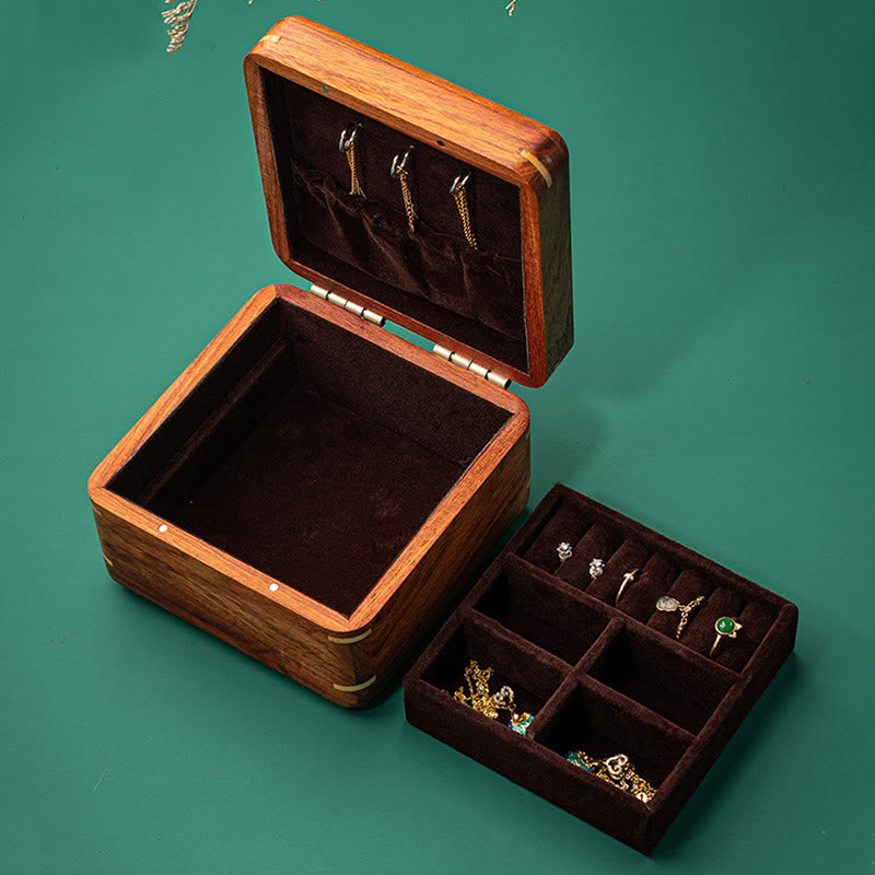 Antique Hand-Carved Rosewood Jewelry Storage Box with Floral Leaf Detail