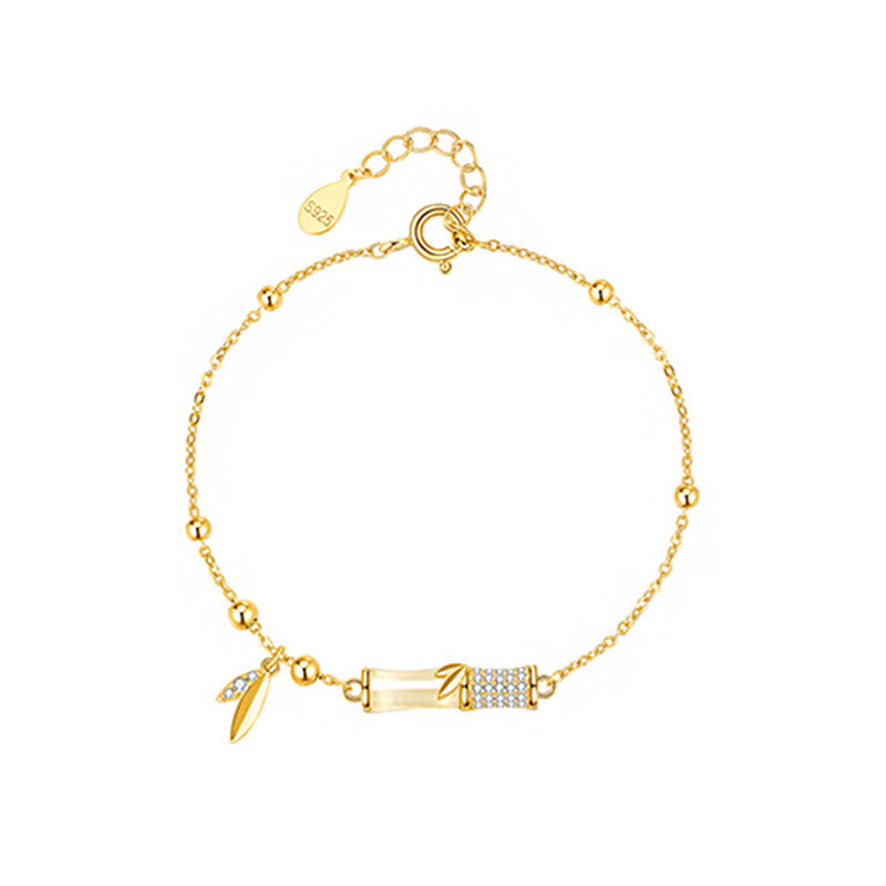 925 Sterling Silver 18K Gold Plated White Jade Bamboo Zircon Leaf Luck Bracelet