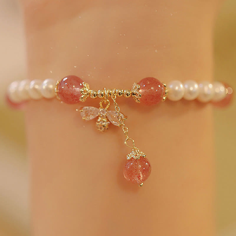 Natural Pearl Strawberry Quartz Healing Cute Honey Bee Charm Bracelet