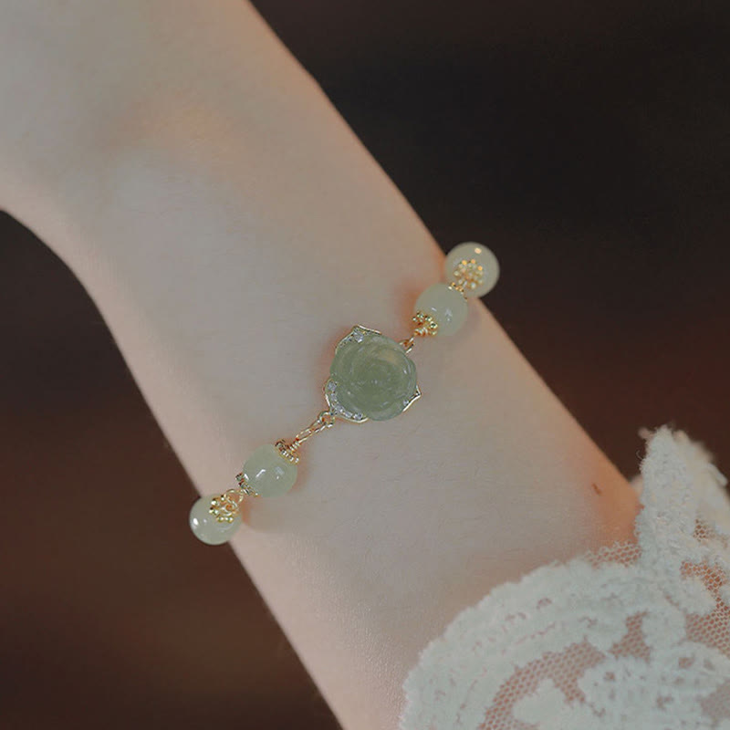 14K Gold Plated Hetian Jade Rose Flower Copper Chain Bracelet