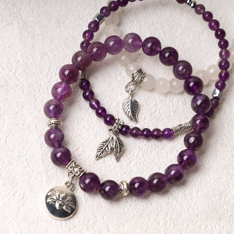 3PCS Natural Gemstone Beaded Lotus Charm Bracelet Set
