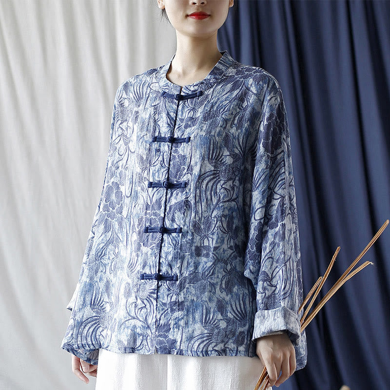 Ramie Linen Floral Stand Collar Meditation Jacket Shirt