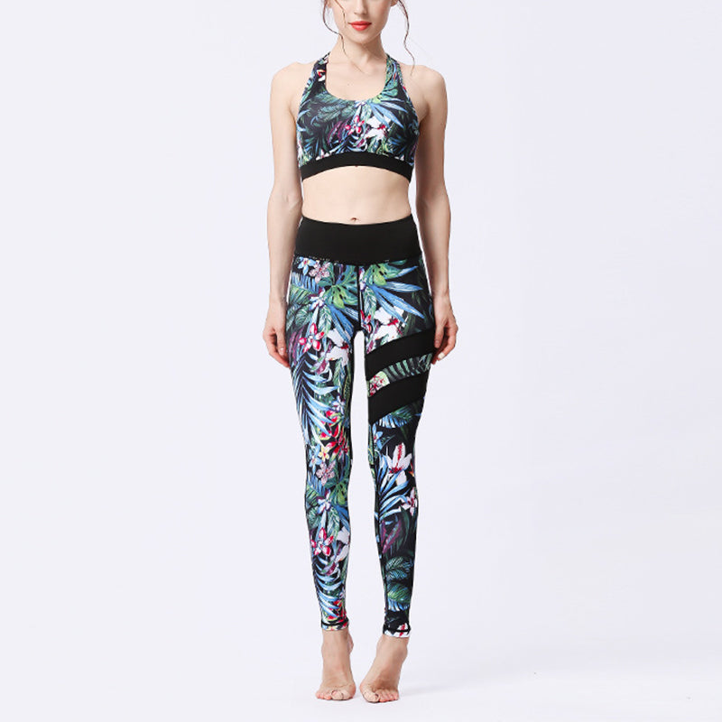 2Pcs Sunflower Flowers Leaves Print Top Pants Sports Fitness Yoga Women's Yoga Sets